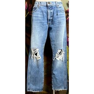 KHAITE Light Blue Distressed Straight Leg Jeans